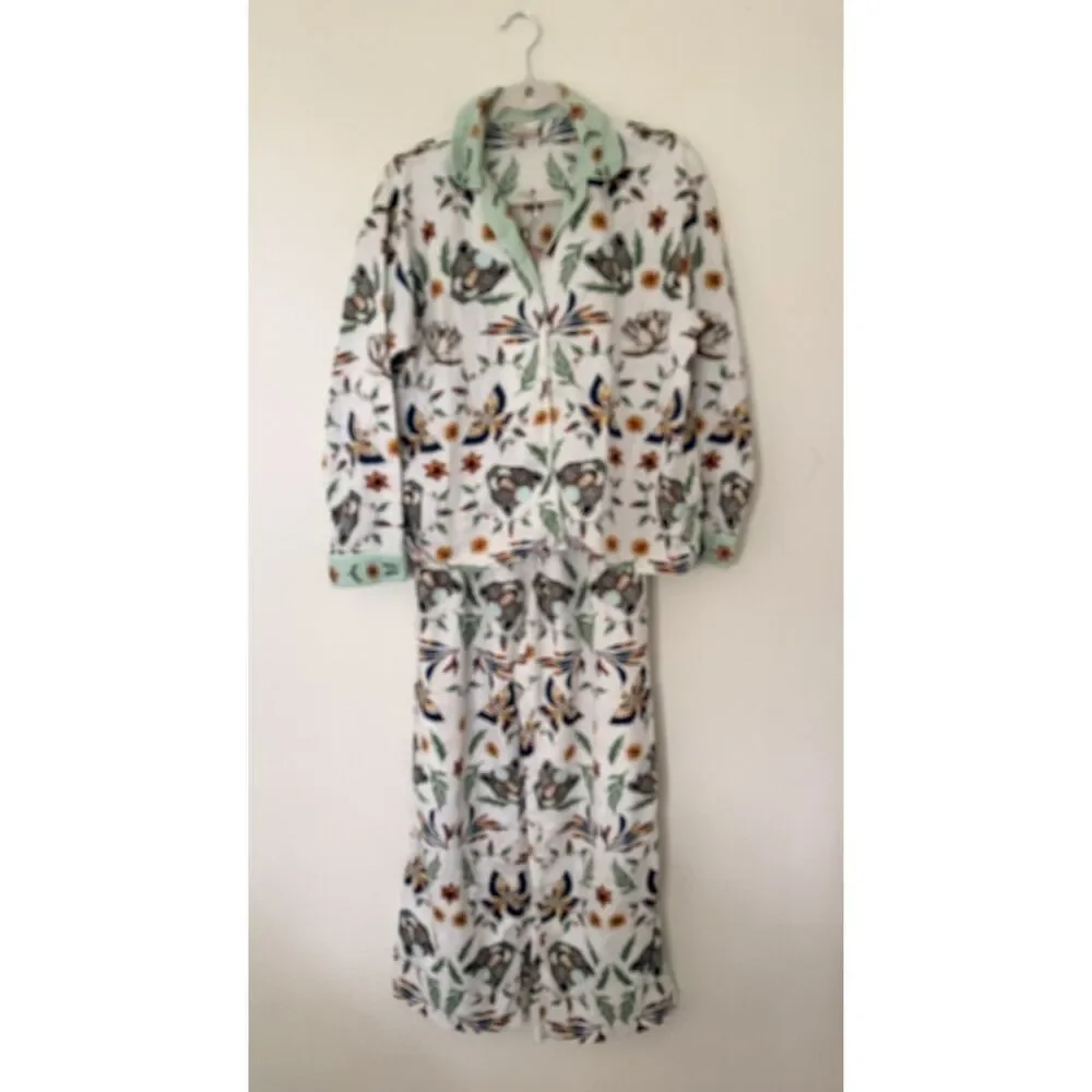 Anthro LyreBird Cotton Flannel Pajama Set Floral Animal Print Cottage Sleep XS